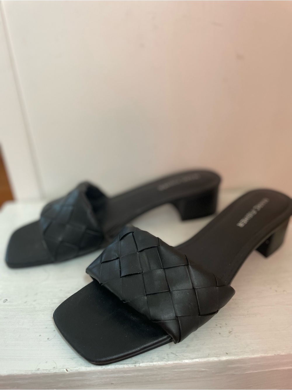 Marc Fisher Black Woven Slide Mules with Low Block Heel